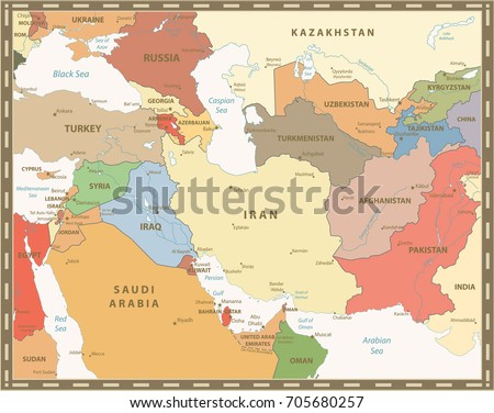 southwest asia map retro color detailed stock vector 705680257 south west asia