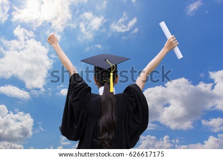 stock photo graduate celebrating with certificate in her hand with blue sky background back of view 626617175