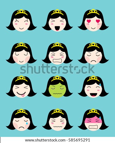 stock vector cute emoji collection kawaii asian girl face set of flat emoticon in anime style japanese girl 585695291