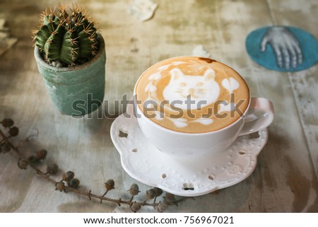Coffee Bear Or Cat Art Cappuccino In A White Cup And Saucer With Decorate Put On Coffee Bear Or Cat Art Cappuccino In A White Cup And Saucer With Decorate Put On