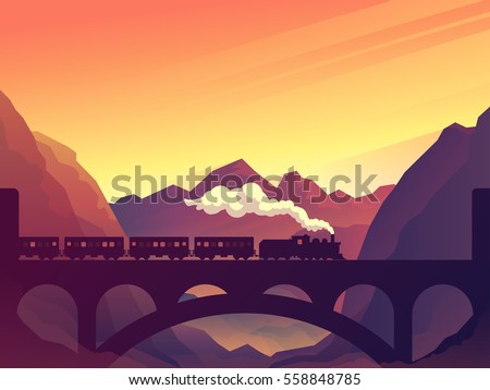 Train on railway bridge with outdoor landscape in orange and yellow sunset, dawn sun. Vector travel concept background. Train outdoor, transportation, travel. Vector illustration