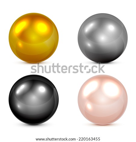 Set of metallic spheres and pearls isolated on white background, illustration.