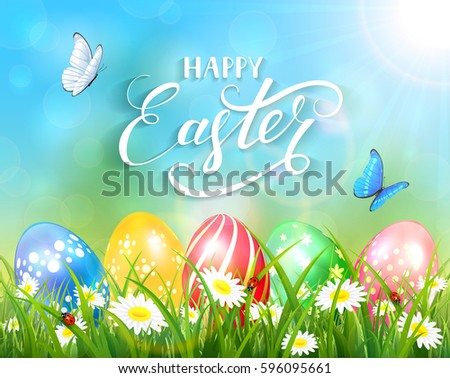 Easter theme with a butterfly flying above the colorful eggs on grass and flowers, nature background with sun beams and lettering Happy Easter, illustration.