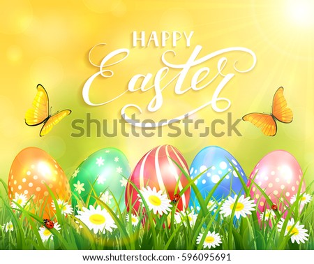 Easter theme with a butterfly flying above the colorful eggs on grass and flowers, yellow nature background with sun beams and lettering Happy Easter, illustration.