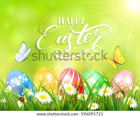 Easter theme with a butterfly flying above the colorful eggs on grass and flowers, green nature background with sun beams and lettering Happy Easter, illustration.