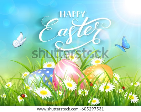Easter theme with a flying butterflies and three colorful eggs on grass and flowers, blue nature background with sun beams and lettering Happy Easter, illustration.