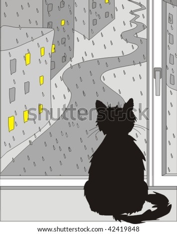 Cat Sitting Window Raining Stock Vector 42419848 - Shutterstock