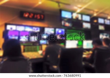 Blur image video switch of Television Broadcast, working with video and audio mixer, control broadcasts in recording studio.
