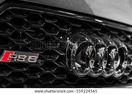 WARSAW, POLAND - NOVEMBER 21, 2016: Audi logo close up. Audi is a German automobile manufacturer. The brand is used for luxury automobiles and sport cars.