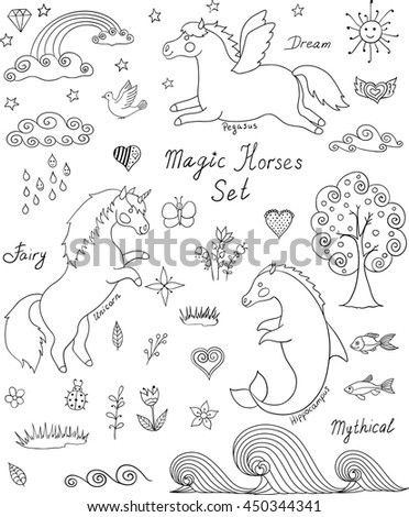 Magic Horses Cute Collection Unicorn Pegasus And Hippocampus Cartoon Vector Illustration Fairytale