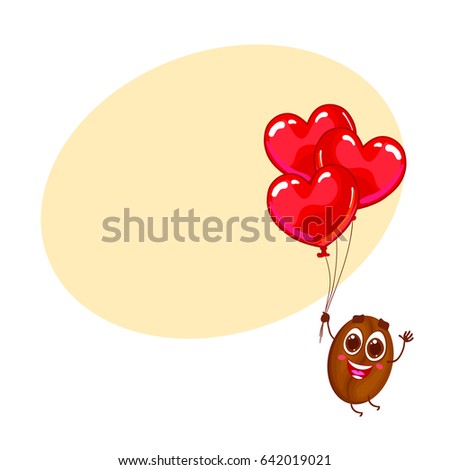 Happy Coffee Bean Fly On Heart Balloon Cartoon Style Vector Illustration Isolated White Happy Coffee Bean Fly On Heart Balloon Cartoon Style Vector Illustration Isolated White