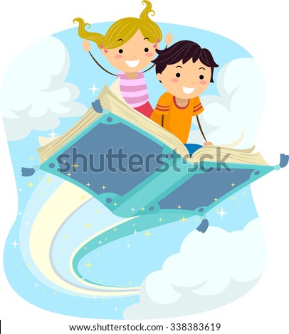 Stickman Illustration of Kids Riding a Magical Flying Book