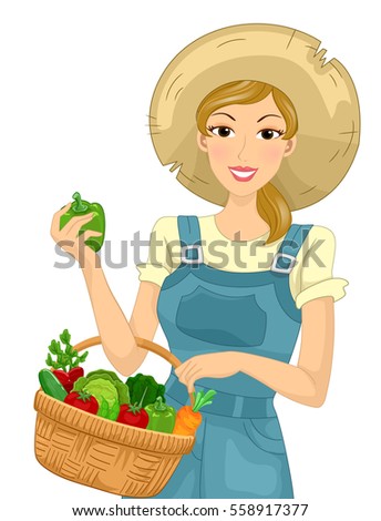 Illustration Farm Girl Overalls Straw Hat Stock Vector ...