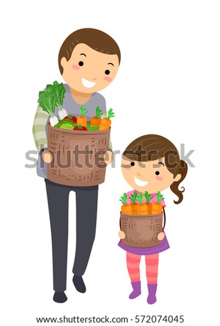Stickman Illustration of a Father and Daughter Walking Home After Shopping for Groceries Together