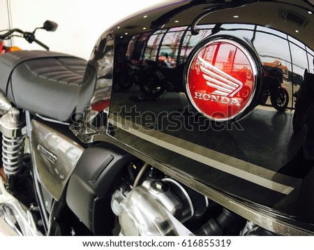 Phitsanulok province, Thailand - April 7, 2017: Close up logo Honda super bike motorcycle at showroom Honda Big wing Phitsanulok.