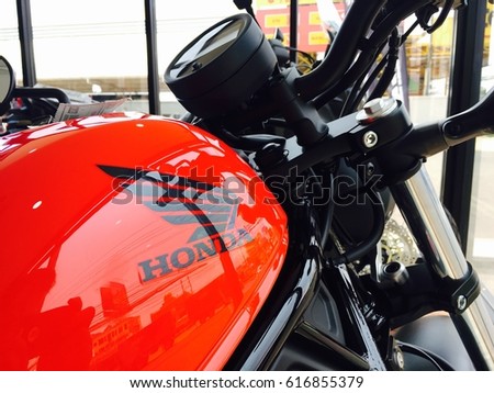 Phitsanulok province, Thailand - April 7, 2017: Close up logo Honda super bike motorcycle at showroom Honda Big wing Phitsanulok.