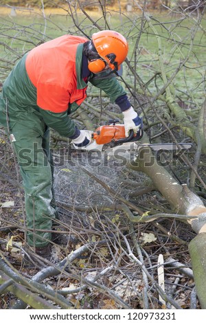 man cutting firewood with a chainsaw. wearing protective clothes for safety.