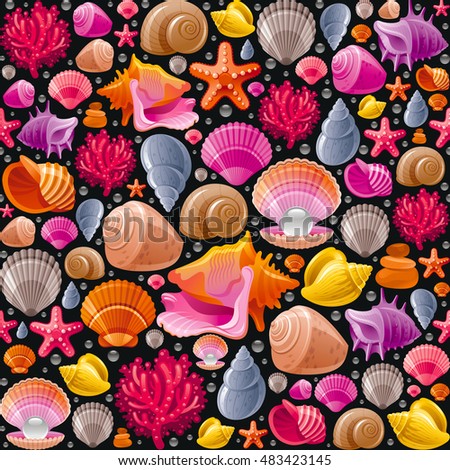 Seamless Sea travel icon set, underwater diving animal - seashell, scallop, mollusk shell and more marine shells icons. Vector illustration abstract template. Elegant modern style, black background.