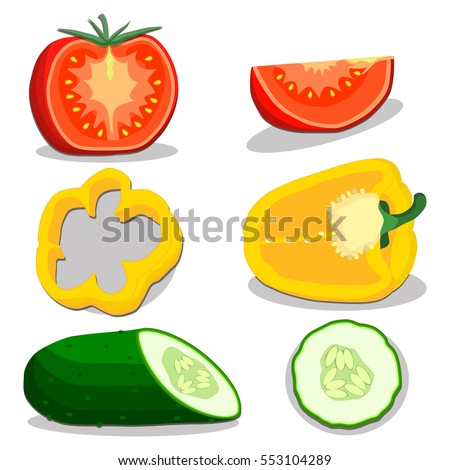 Vector illustration logo for whole ripe vegetables tomato,cucumber,pepper,with green stem,cut sliced.Cucumber drawing pattern consisting of peel fruits,pip ripe sweet food.Eat fresh cucumbers health.