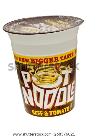 London, England - January 22, 2010: Pot Noodle Beef and Tomato Flavour Snack Pot, Isolated on a white background. Pot Noodle is made by Unilever