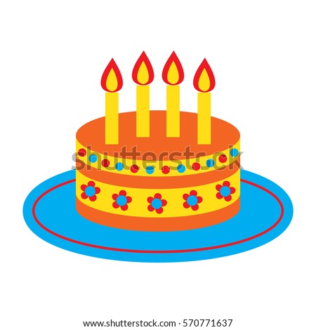 Vector Icon With Cute Bright Birthday Cake And Four Candles Isolated On The White Background