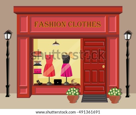 Clothing Store Building And Interior With Products On Shelves Fashion Dresses Shoes Bags Clothing Store Building And Interior With Products On Shelves Fashion Dresses Shoes Bags