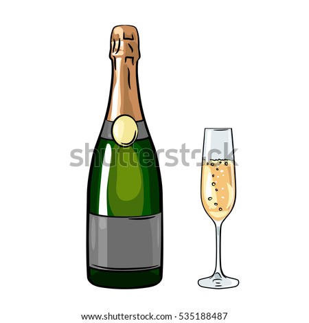 Bottle Champagne Glass Sketch Style Vector Stock Vector 535188487