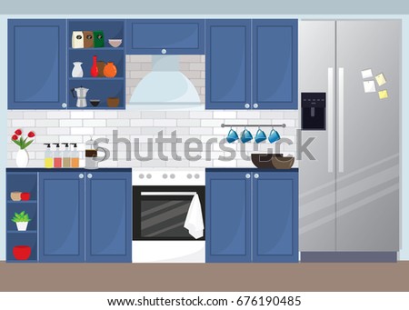 Modern Kitchen Equipment modern kitchen interior blue color theme stock illustration Modern Kitchen Equipment modern kitchen interior blue color theme stock illustration