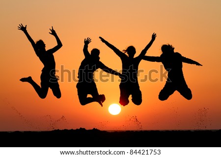 Silhouette Friends Jumping Sunset Beach Reflection Stock Photo 85572751 ...