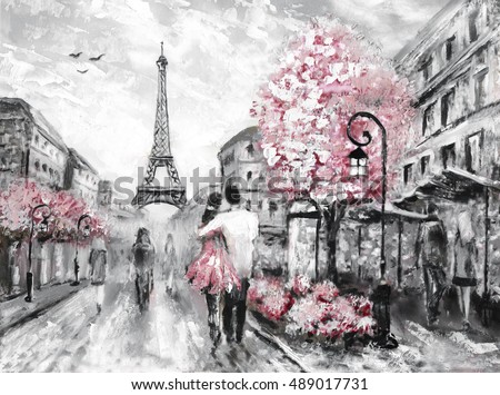 Oil painting street view of paris european city landscape Oil painting street view of paris european city landscape