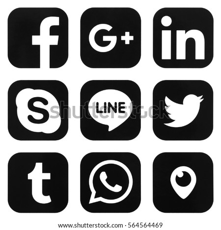 KIEV, UKRAINE - JANUARY 25, 2017: Collection of popular social media logos printed on paper: Facebook, Twitter, Periscope, Line, Skype, WhatsApp, Tumblr, LinkedIn and Google