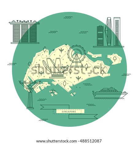 singapore flat line map in a circle singaporean top tourist attractions tourist guide template