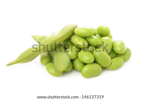 boiled green soy beans, japanese beans on white background