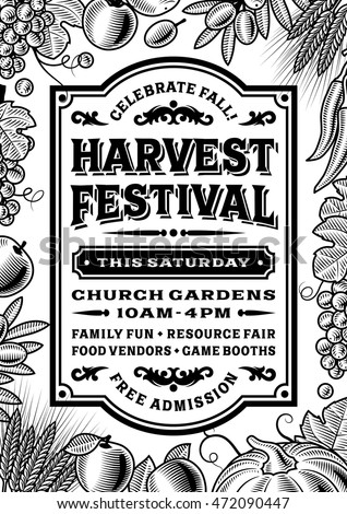 Vintage harvest festival poster black and white editable vector illustration in retro woodcut style with Vintage harvest festival poster black and white editable vector illustration in retro woodcut style with