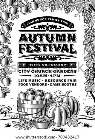 Vintage autumn festival poster black and white editable vector illustration in retro woodcut style with Vintage autumn festival poster black and white editable vector illustration in retro woodcut style with