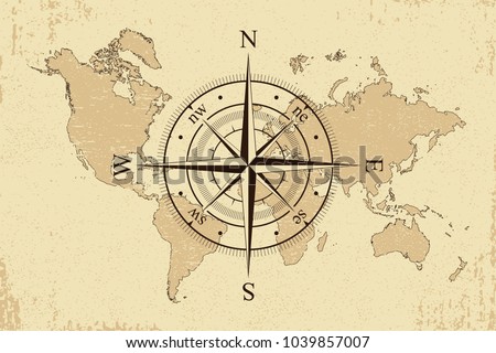 vintage world map with retro compass background old paper map and wind rose vector
