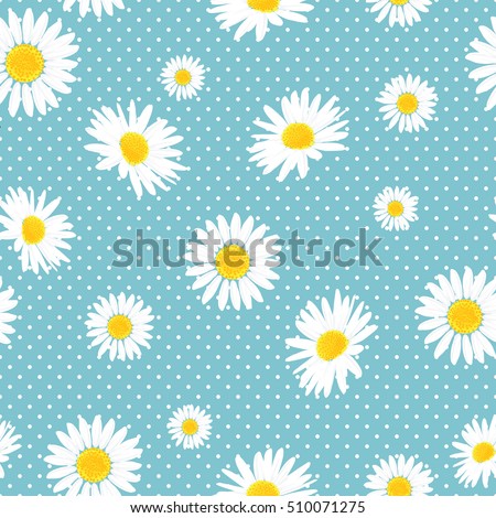 Floral seamless pattern with daisies flowers and dots. Vector background.