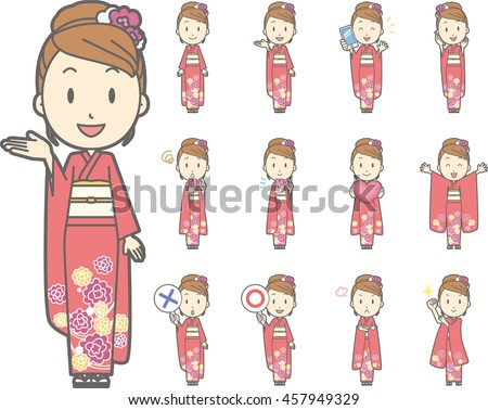 Diverse set of Woman wearing a Japanese kimono on white background , vector format vol.1