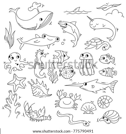 Sea Underwater Animals Set Be Colored Stock Vector 607340291 - Shutterstock