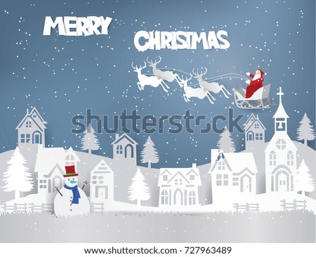Merry Christmas of Santa Claus on the sky coming to City Landscape with snowman on the street, paper art vector and illustration.