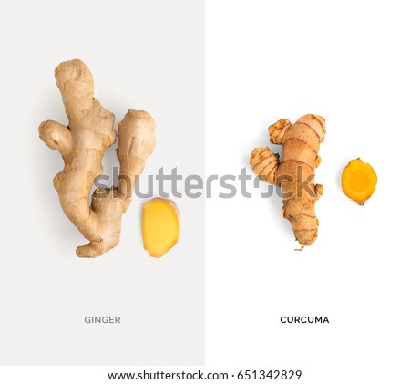 Creative layout made of ginger and turmeric. Flat lay. Food concept.