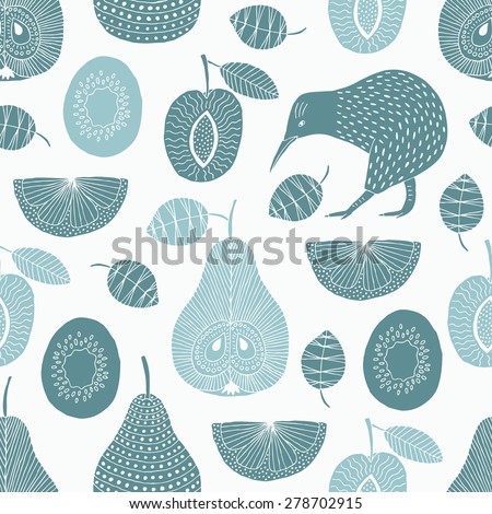 Hand drawn fruit and kiwi seamless pattern. Vector illustration.