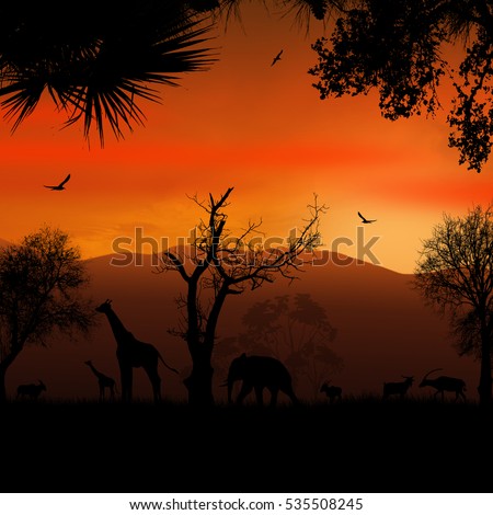 Wild african animals silhouettes in beautiful sunset, vector illustration
