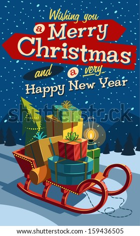Open sleigh with bunch of gifts. Merry Christmas illustration.