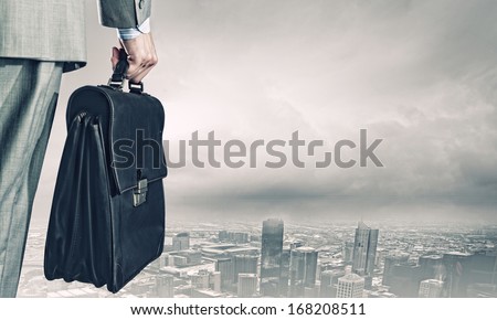 Back view of businessman with suitcase looking at city