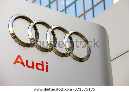 Circa, Circa - February 3, 2016: Audi emblem at one of Audi's auto dealerships, Audi is a German automobile manufacturer that designs, engineers, produces, markets and distributes luxury automobiles