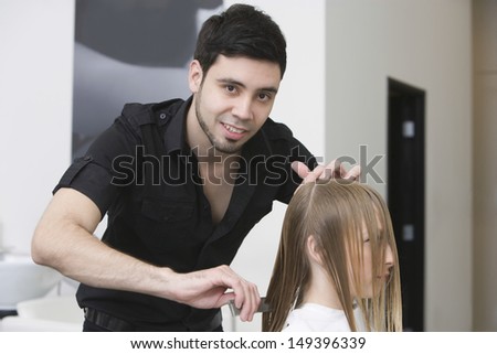 male Hair Stylist Working On Female Client" Stock Images, Royalty ...