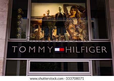 FRANKFURT,GERMANY-Oktober 24, 2015:Detail of the entrance to a Tommy Hilfiger store.Tommy Hilfiger is an American fashion,apparel, design, fragrance retail company, offering consumers low end products