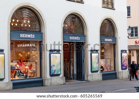 Zurich, Switzerland - 04 November, 2016: Hermes store in Zurich. Hermes is a French manufacturer established in 1837 specialising in leather, accessories perfumery and luxury goods