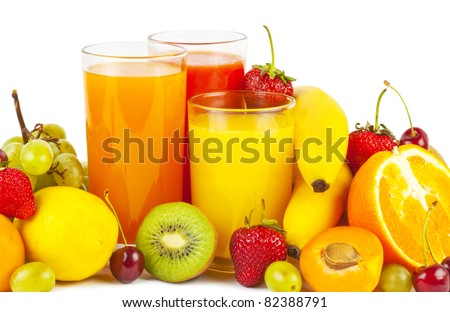 Collection from many fruits and juices in glasses on white